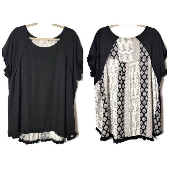 Umgee Black Linen Blend Raw Frayed Hem Boho Mixed Media Short Sleeve Blouse 1XL - Picture 1 of 10